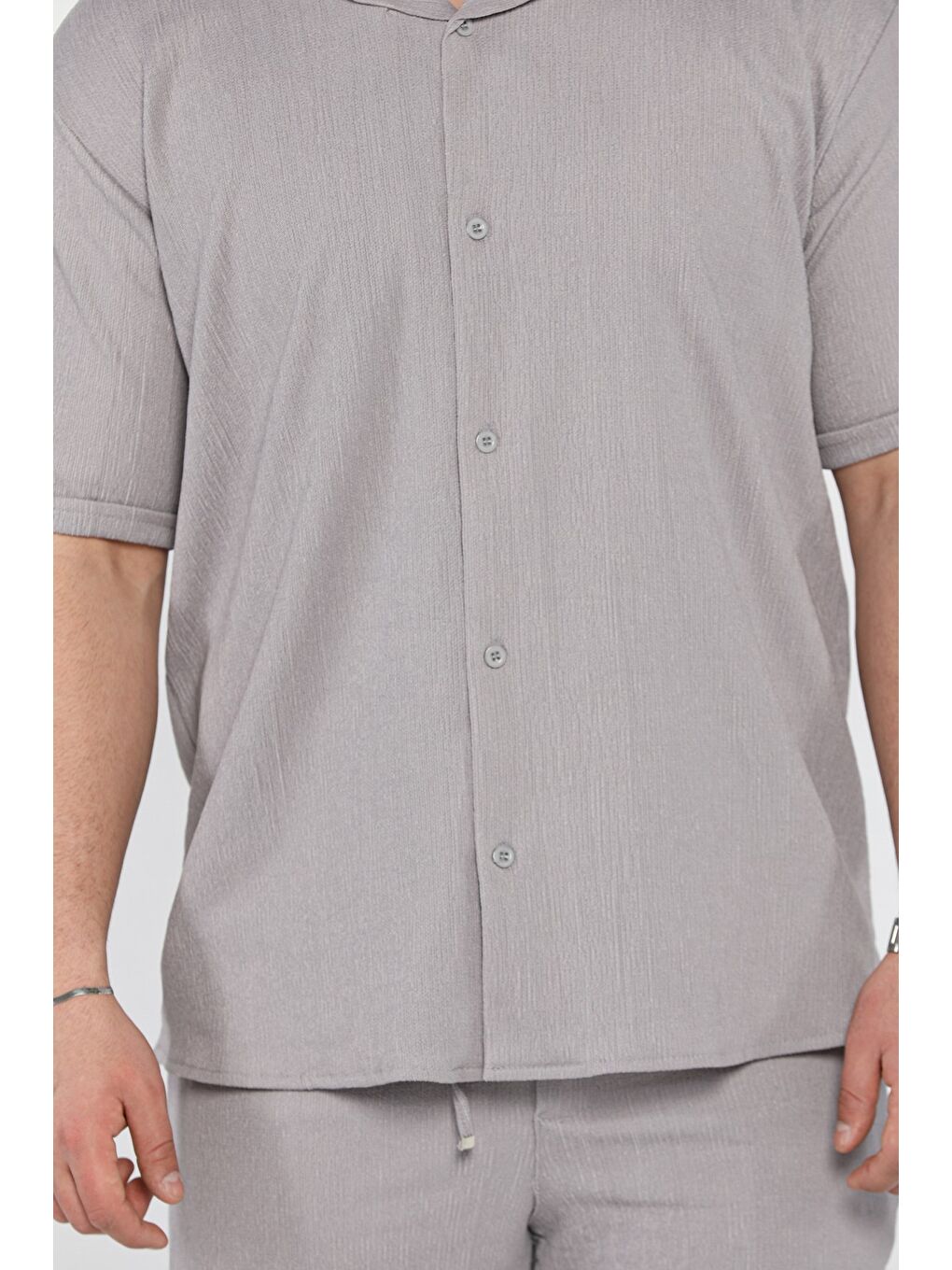 Gri Erkek Apaş Yaka Gömlek Şort İkili Takım-3