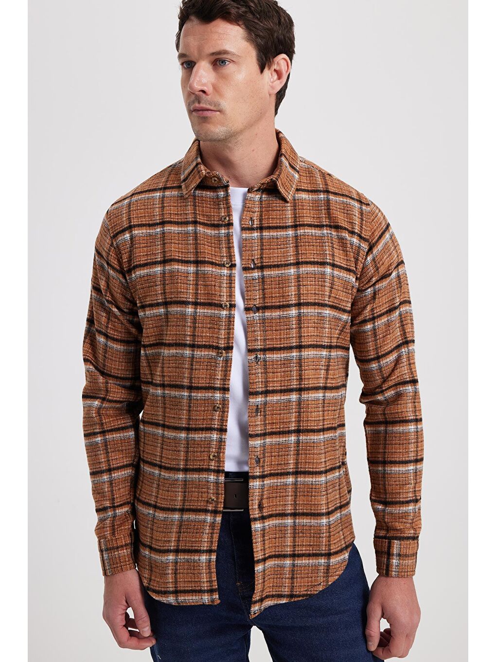 Kahverengi Erkek Slim Fit Dar Kesim Kareli Kışlık Oduncu Gömlek-5
