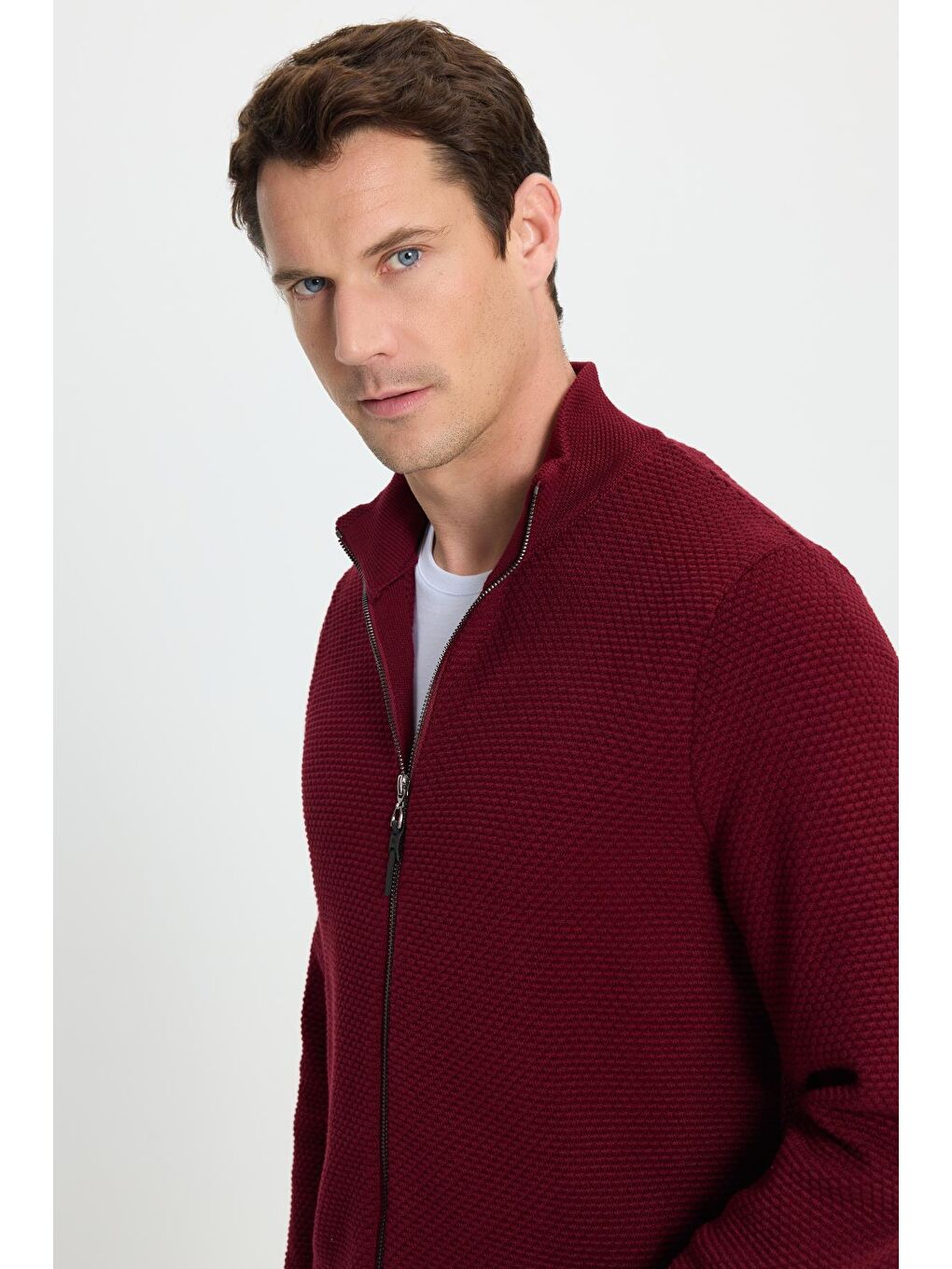 Erkek Standart Fit Normal Kesim Desenli Yarım Balıkçı Yaka Fermuarlı Bordo Hırka-1