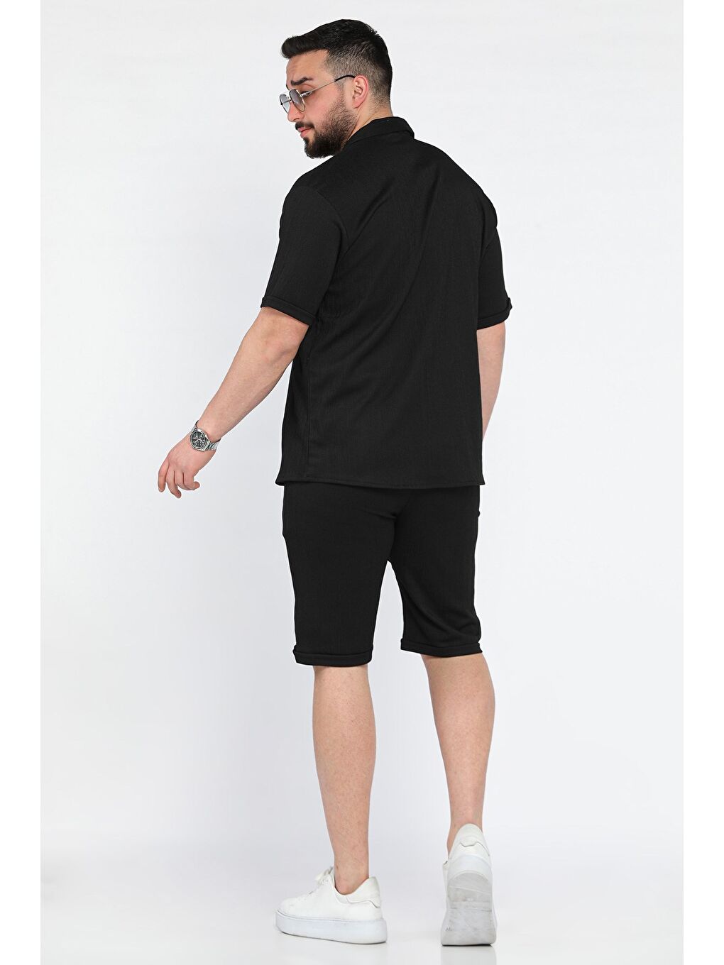 Siyah Erkek Apaş Yaka Gömlek Şort İkili Takım-1