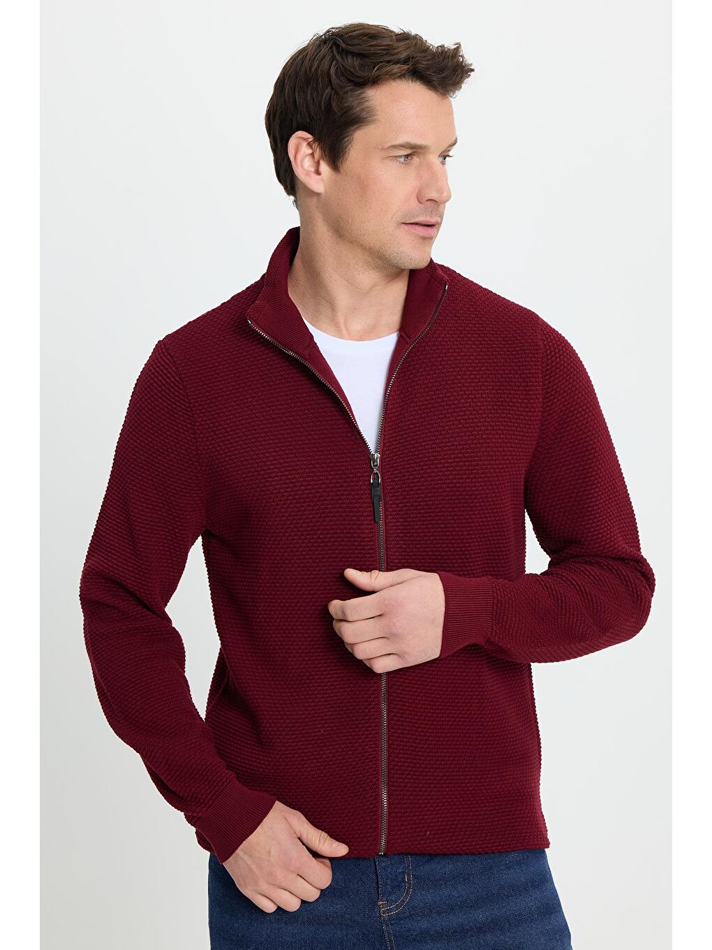 Erkek Standart Fit Normal Kesim Desenli Yarım Balıkçı Yaka Fermuarlı Bordo Hırka-4