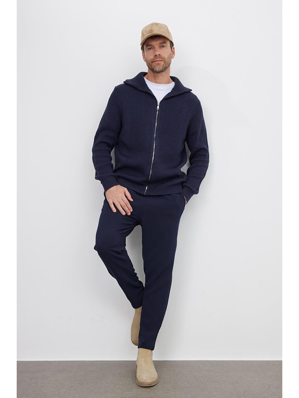 Erkek Slim Fit Dik Yaka Fermuarlı Lacivert Düz Hırka-3