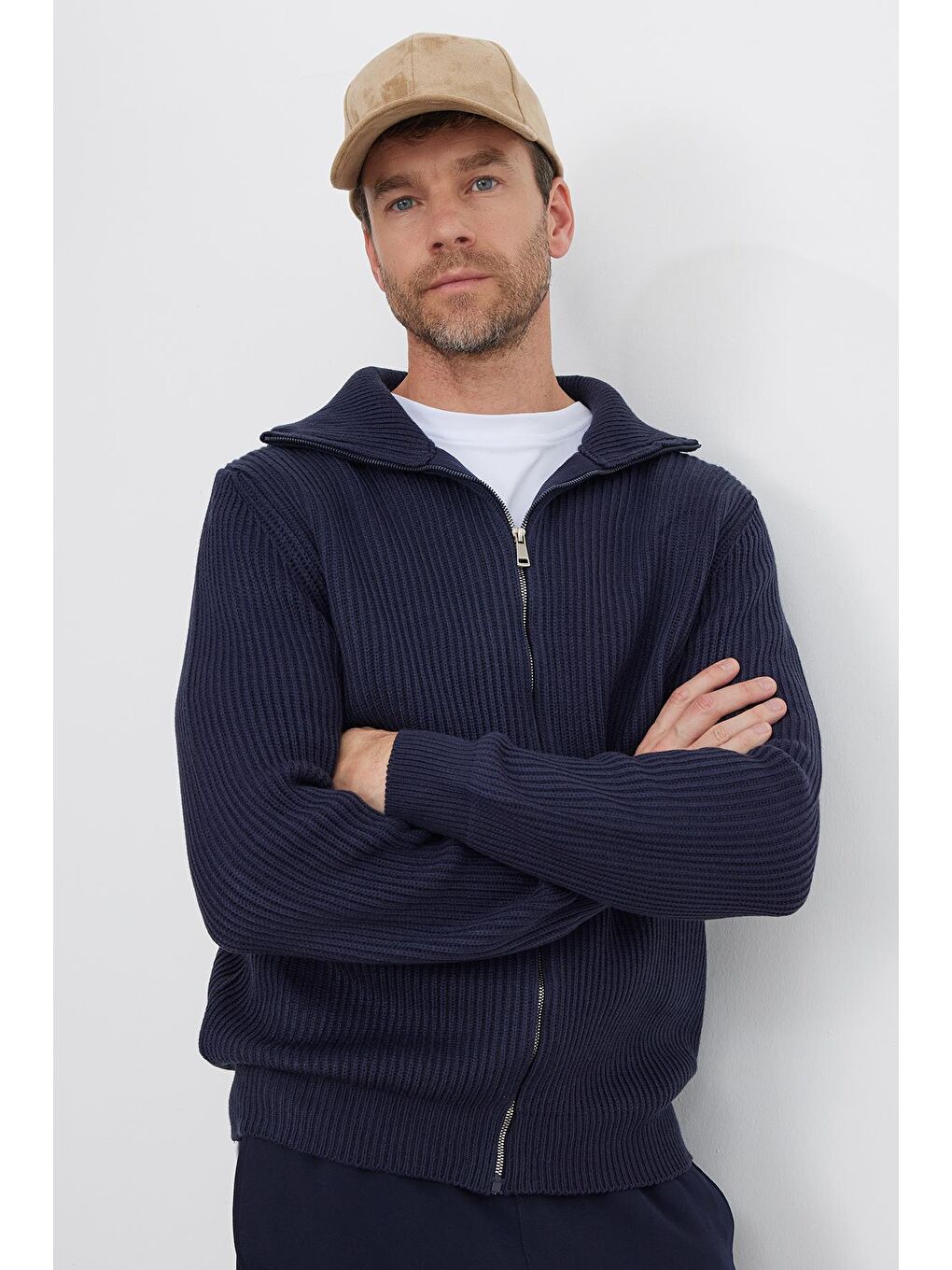 Erkek Slim Fit Dik Yaka Fermuarlı Lacivert Düz Hırka-4