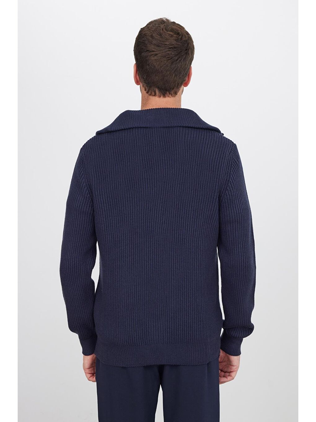 Erkek Slim Fit Dik Yaka Fermuarlı Lacivert Düz Hırka-6