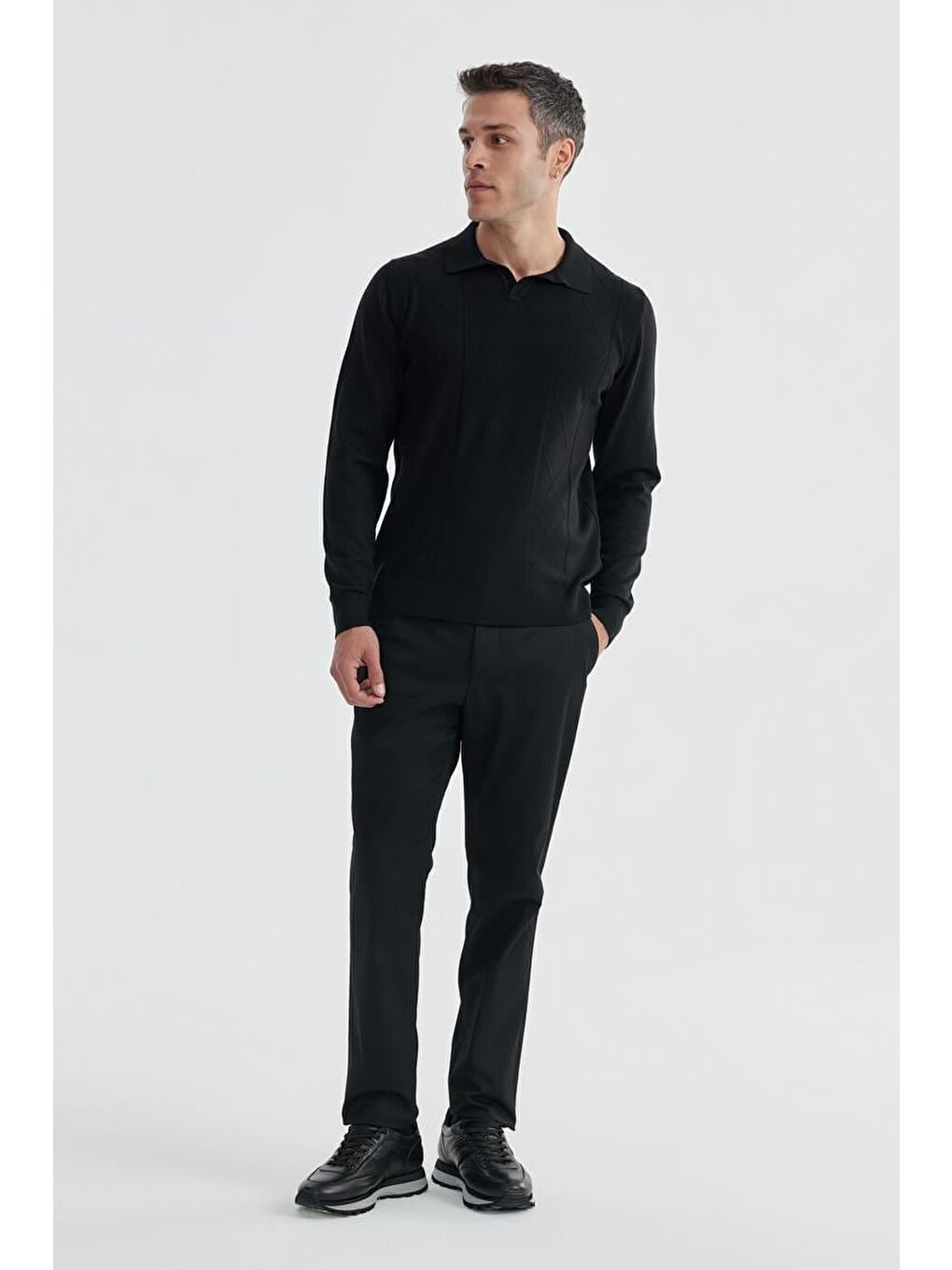 Siyah Slim Fit Yün Kaşmir Karışımlı Desenli Polo Yaka Triko-1