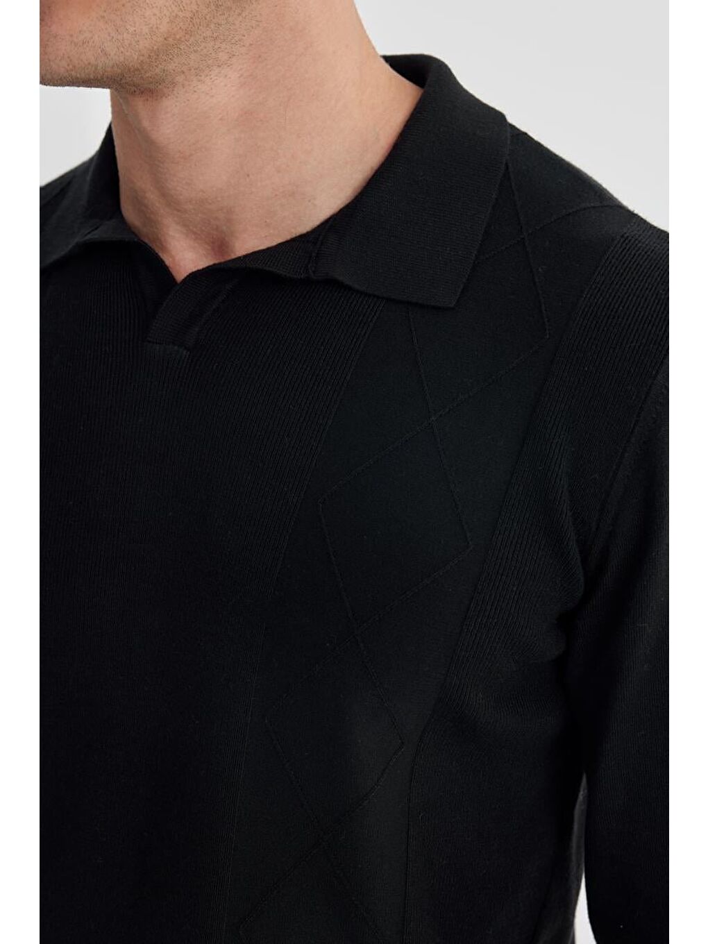 Siyah Slim Fit Yün Kaşmir Karışımlı Desenli Polo Yaka Triko-2