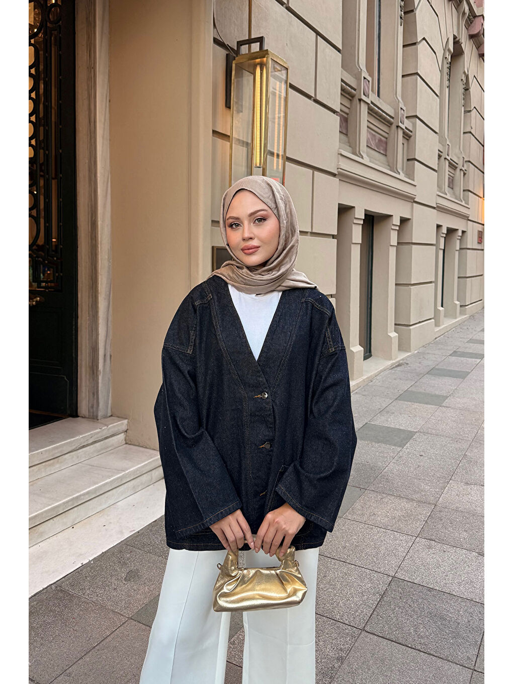 Kadın Kruvaze Yaka Jean Ceket Koyu Mavi