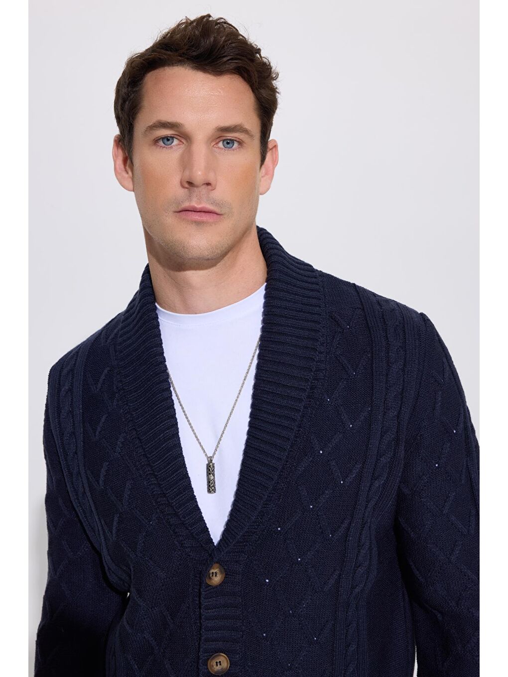 Slim Fit Dar Kesim Desenli Yumuşak Dokulu Düğmeli Lacivert Erkek Hırka-1