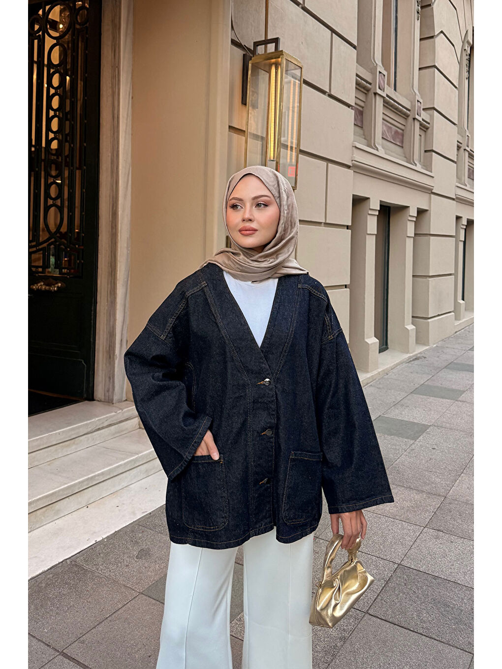 Kadın Kruvaze Yaka Jean Ceket Koyu Mavi-2