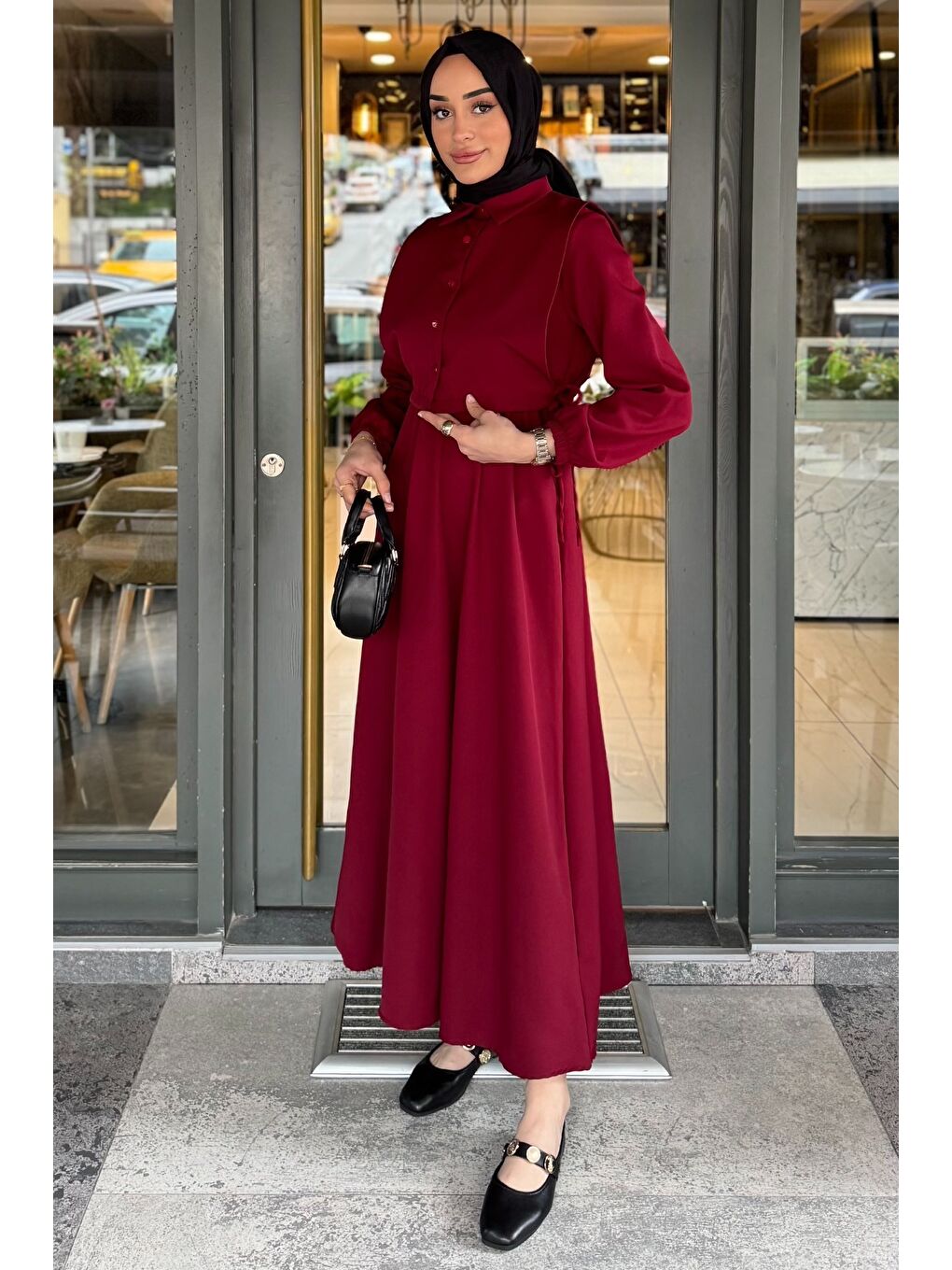 Bordo Yan Bağlamalı Bluz Kombinli Tesettür Elbise