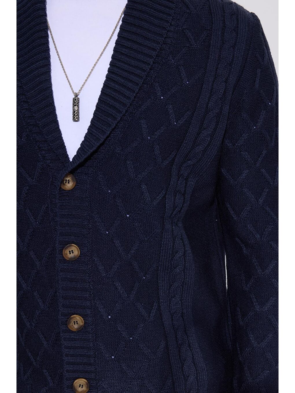 Slim Fit Dar Kesim Desenli Yumuşak Dokulu Düğmeli Lacivert Erkek Hırka-2