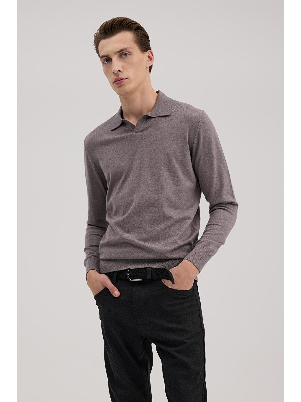 Mor Gül Kurusu Slim Fit Polo Yaka Triko Kazak-1