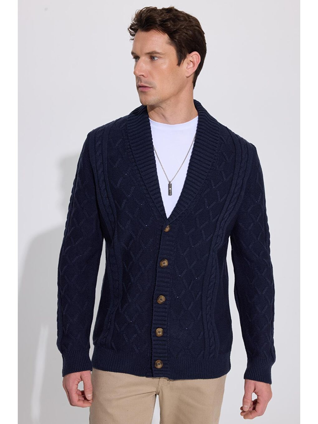 Slim Fit Dar Kesim Desenli Yumuşak Dokulu Düğmeli Lacivert Erkek Hırka-3