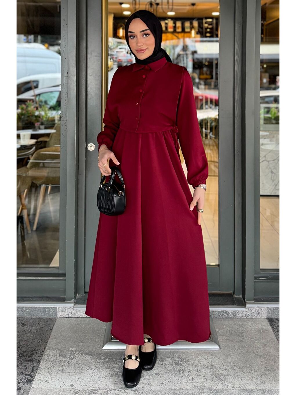 Bordo Yan Bağlamalı Bluz Kombinli Tesettür Elbise-2