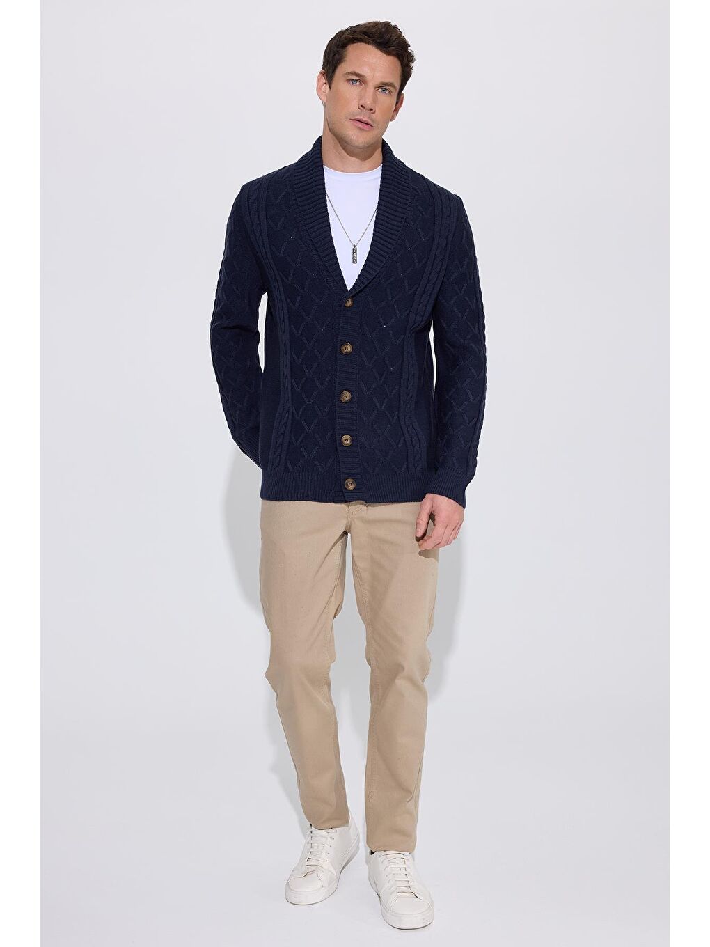 Slim Fit Dar Kesim Desenli Yumuşak Dokulu Düğmeli Lacivert Erkek Hırka-4