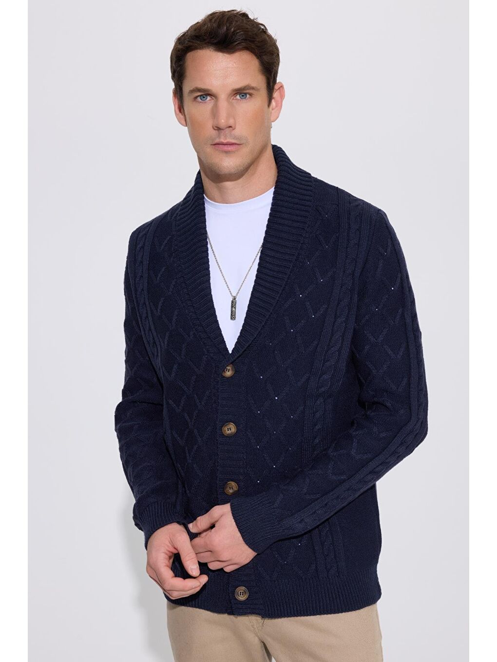 Slim Fit Dar Kesim Desenli Yumuşak Dokulu Düğmeli Lacivert Erkek Hırka-5