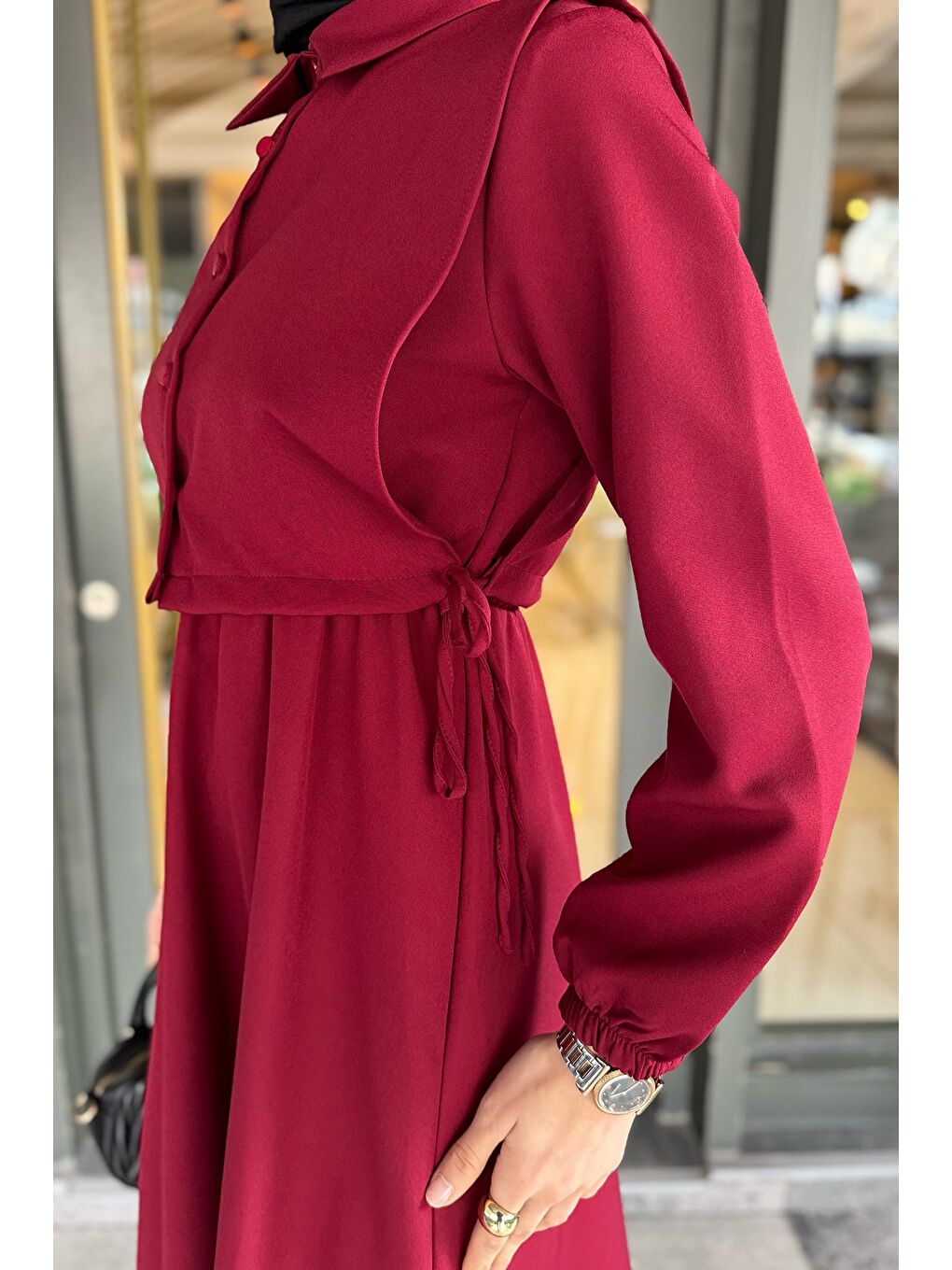 Bordo Yan Bağlamalı Bluz Kombinli Tesettür Elbise-5