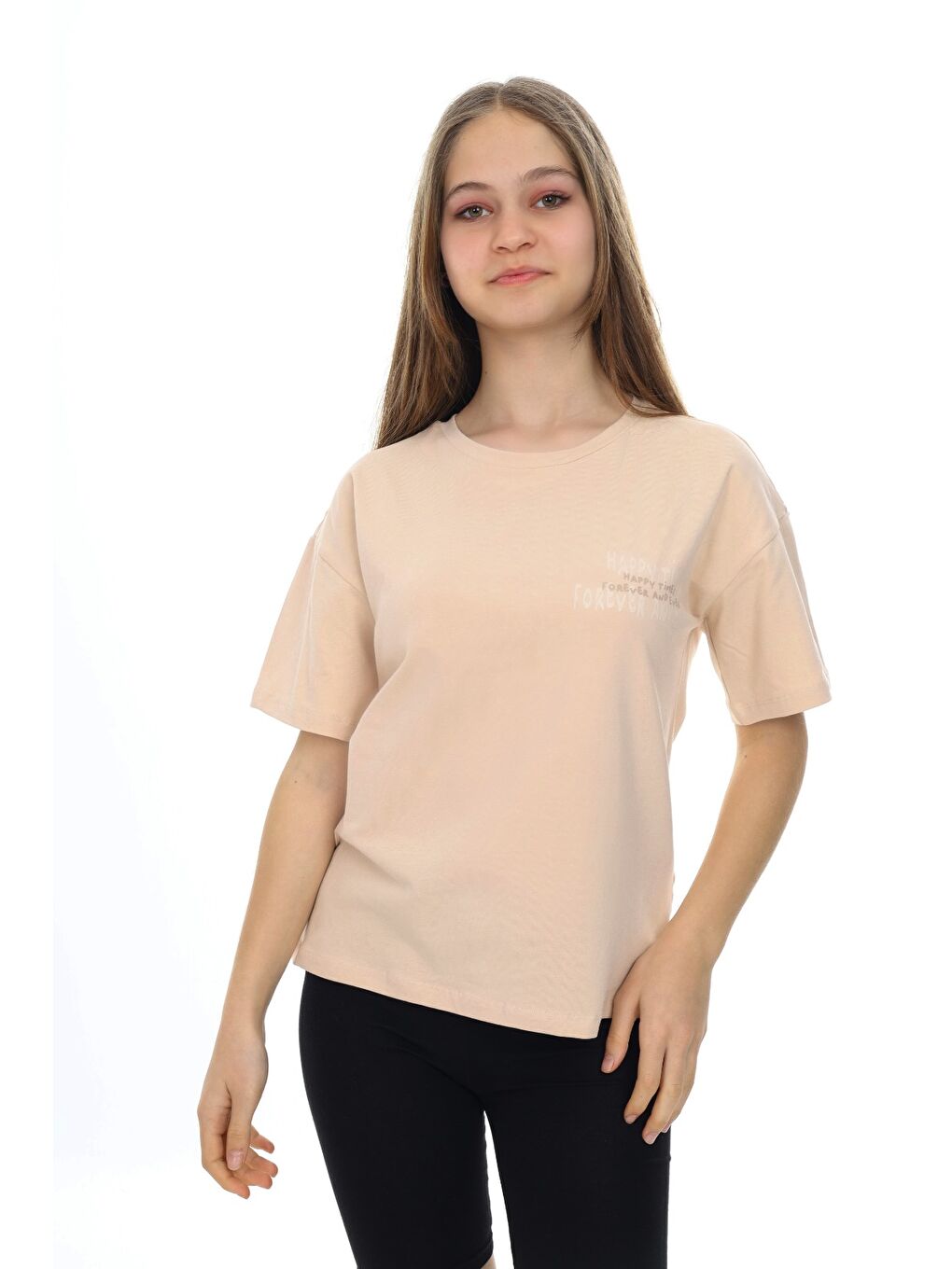 Bej Kız Çocuk Baskılı Bisiklet Yaka Kısa Kollu Tişört-1