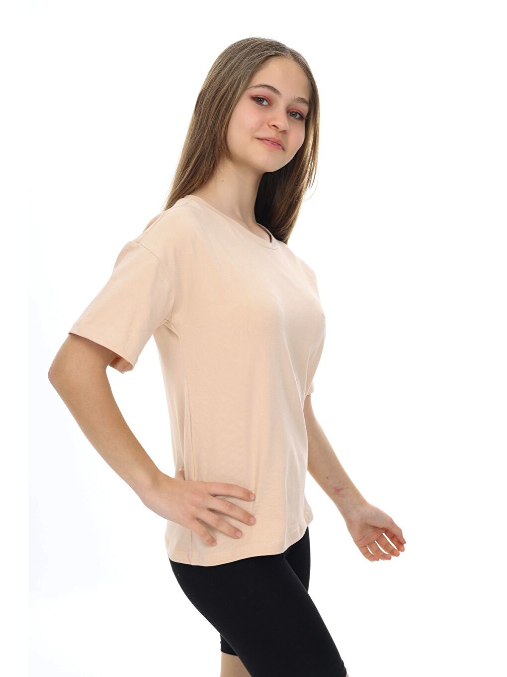 Bej Kız Çocuk Baskılı Bisiklet Yaka Kısa Kollu Tişört-2