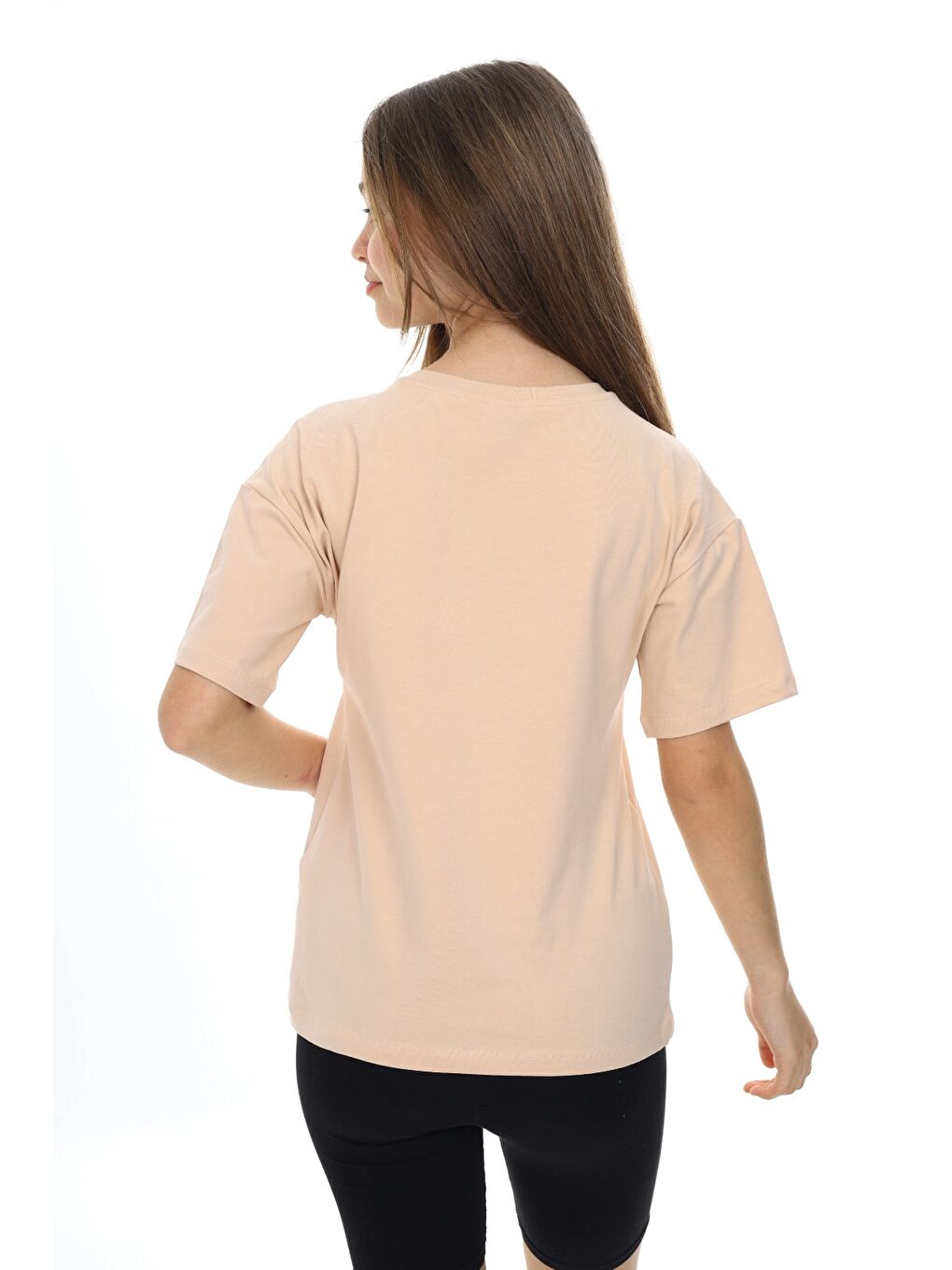Bej Kız Çocuk Baskılı Bisiklet Yaka Kısa Kollu Tişört-3