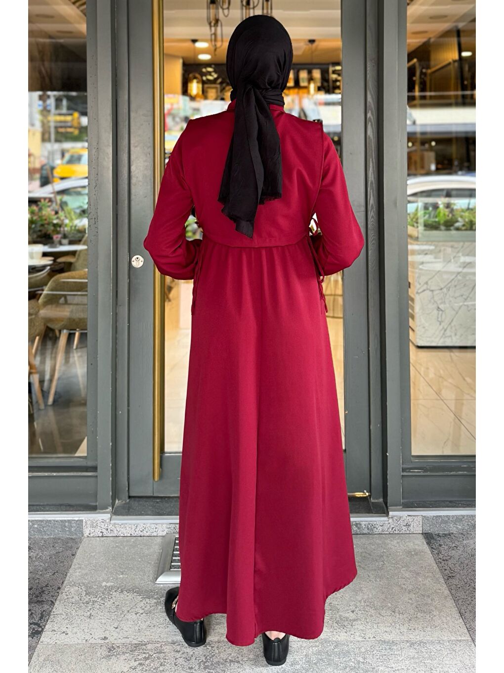 Bordo Yan Bağlamalı Bluz Kombinli Tesettür Elbise-7