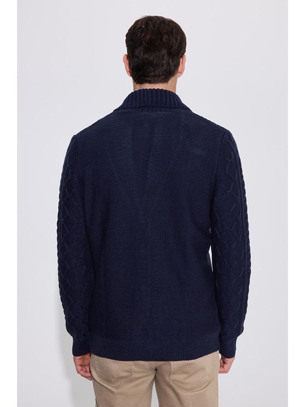 Slim Fit Dar Kesim Desenli Yumuşak Dokulu Düğmeli Lacivert Erkek Hırka-7