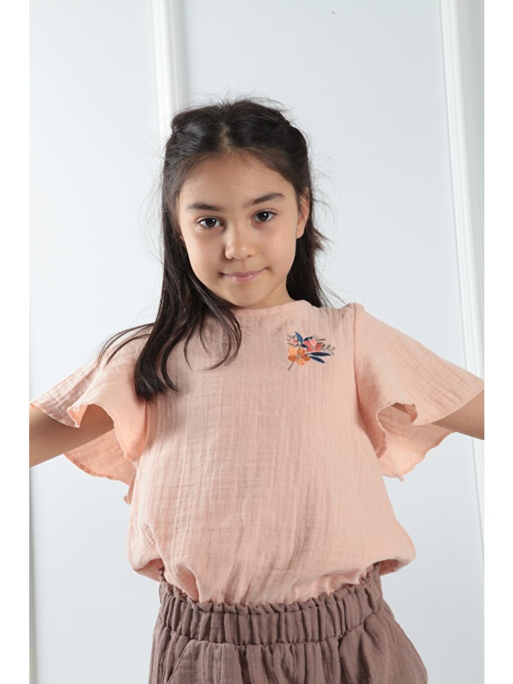 Pembe Kız Çocuk Nakışlı Müslin Tişört-3