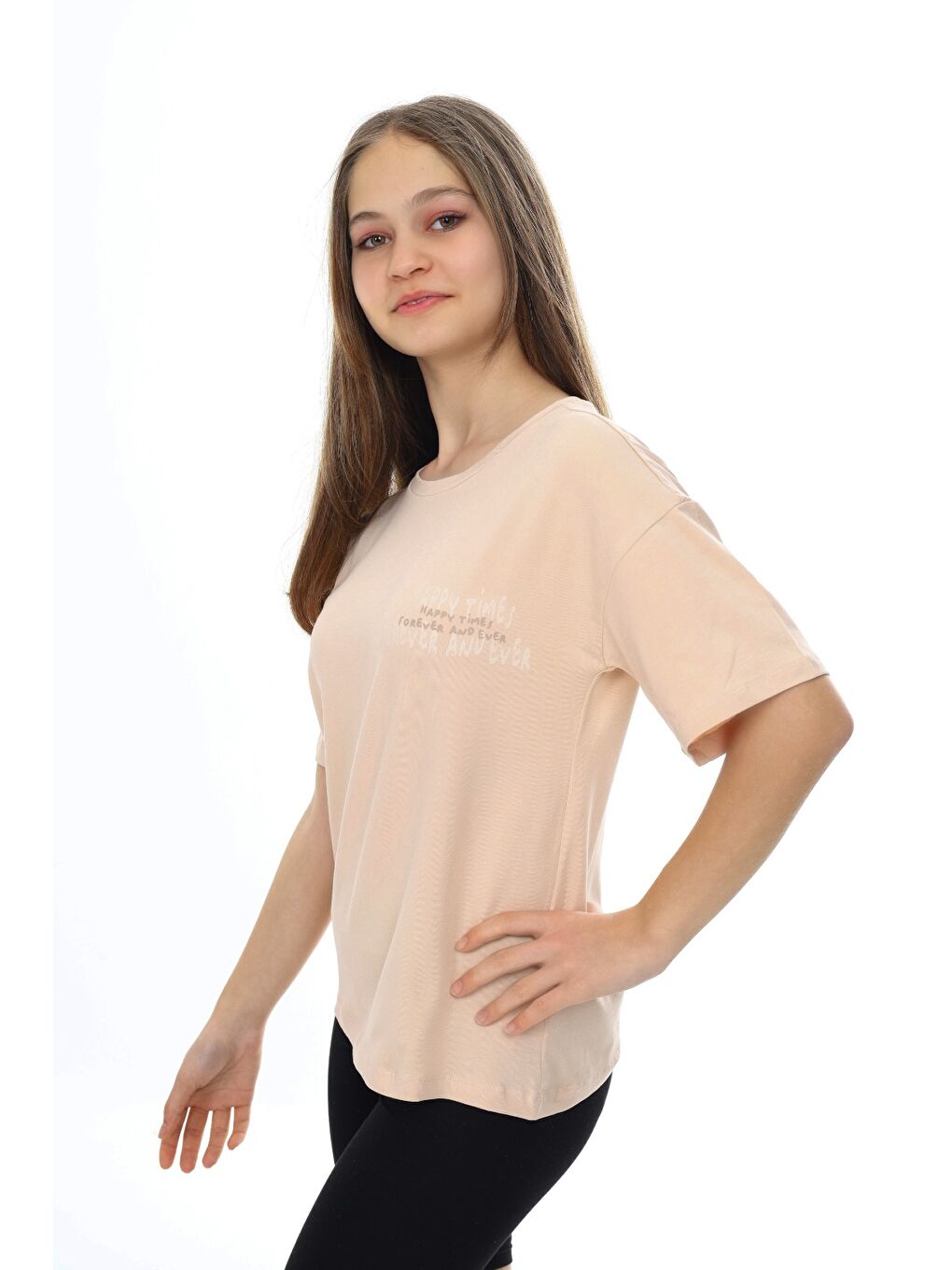 Bej Kız Çocuk Baskılı Bisiklet Yaka Kısa Kollu Tişört-4