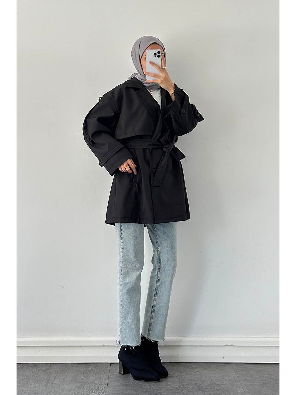 Omuz Apoletli Trençkot Taş Siyah