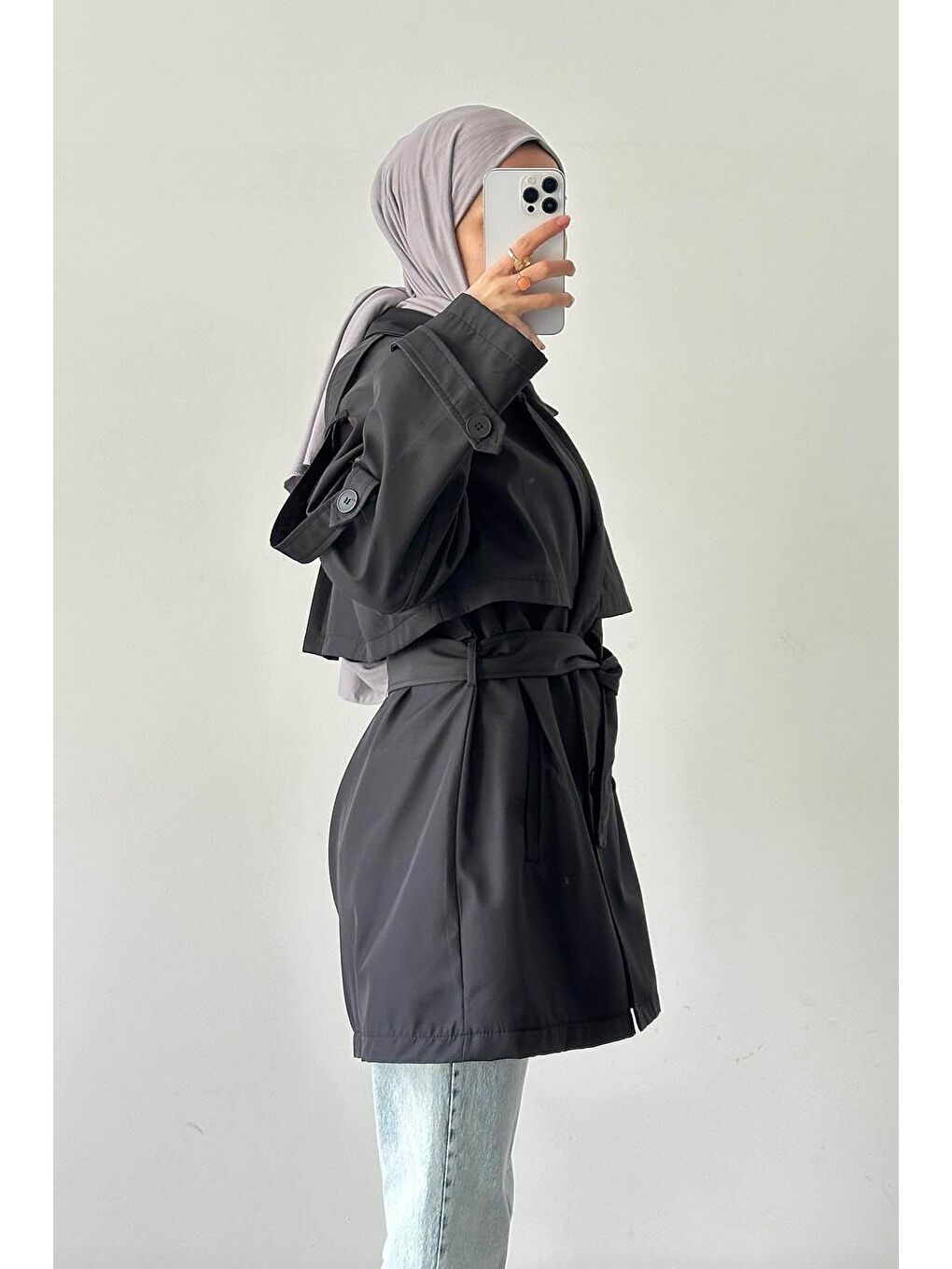Omuz Apoletli Trençkot Taş Siyah-1