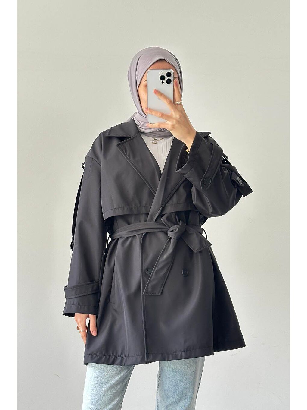 Omuz Apoletli Trençkot Taş Siyah-2