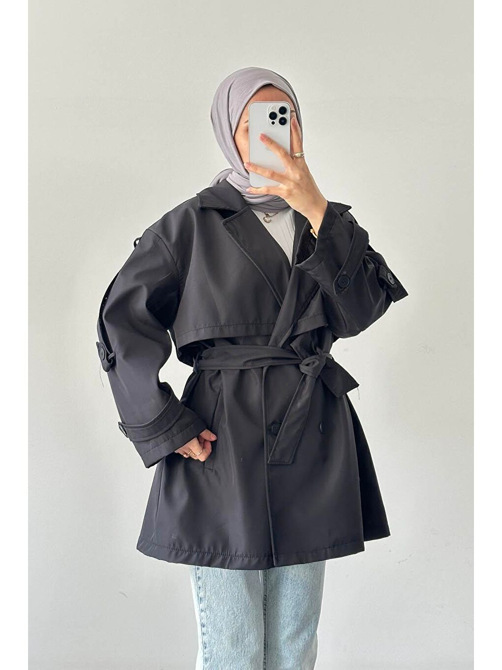 Omuz Apoletli Trençkot Taş Siyah-3