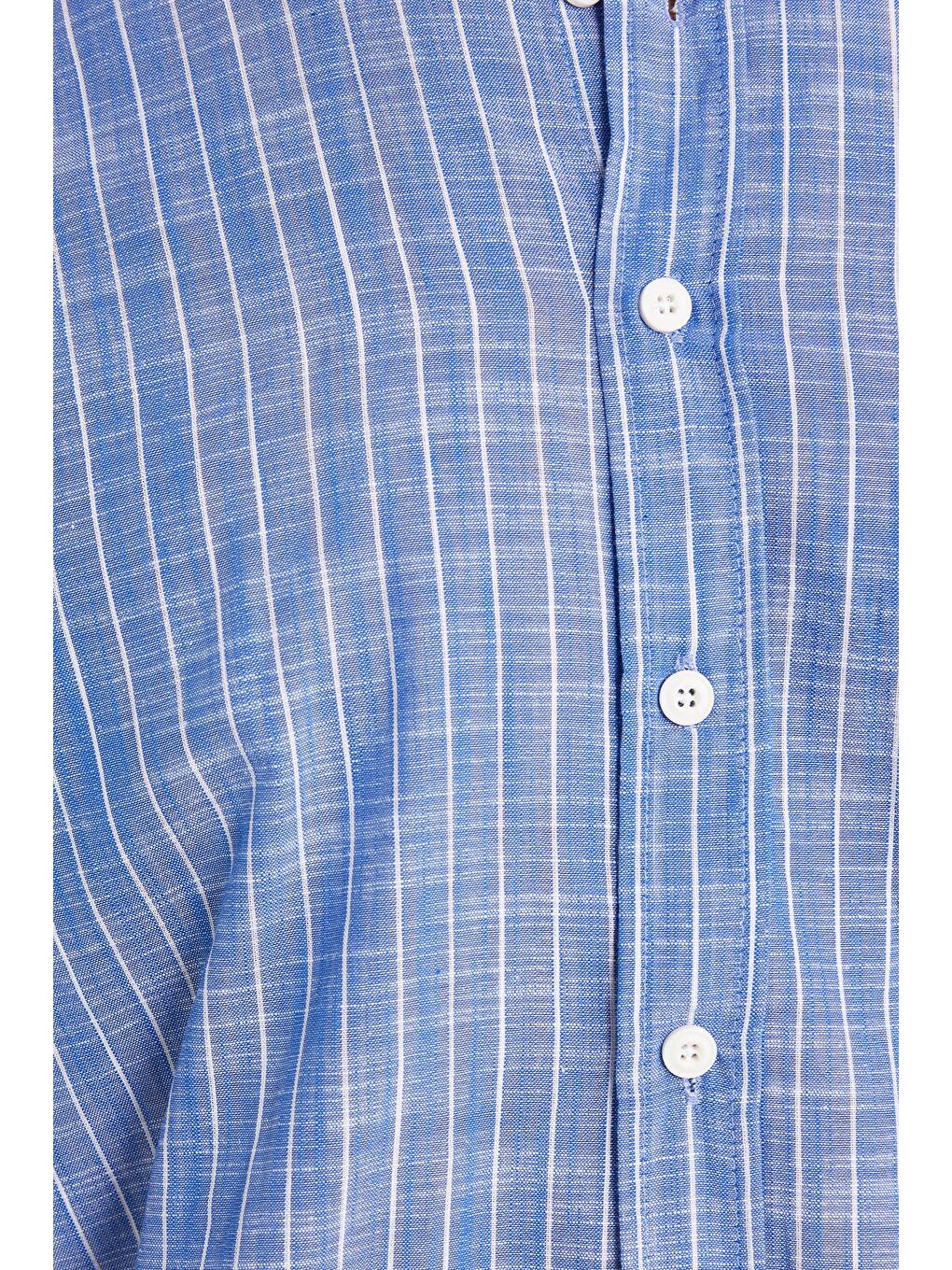 Erkek Regular Fit Klasik Kesim Uzun Kollu %100 Pamuk Keten Doku Tek Cepli Lacivert Çizgili Gömlek-2