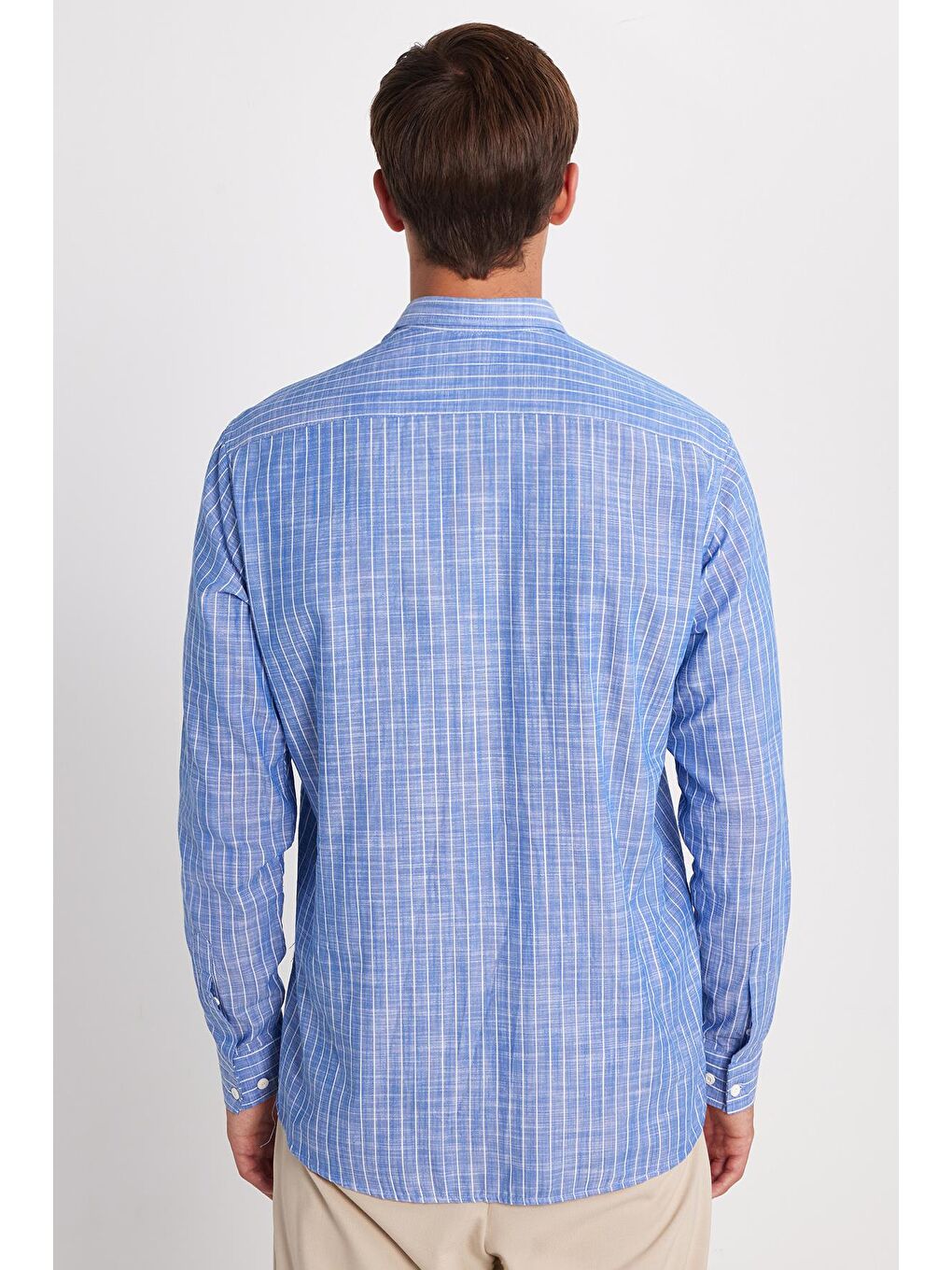 Erkek Regular Fit Klasik Kesim Uzun Kollu %100 Pamuk Keten Doku Tek Cepli Lacivert Çizgili Gömlek-4