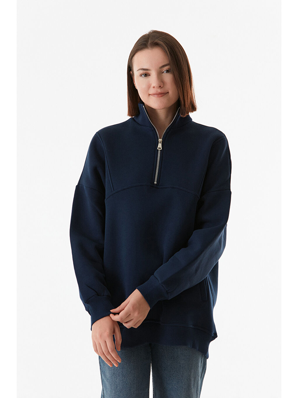 Fullamoda Lacivert Basic Yarım Fermuarlı Cepli Sweatshirt - 2