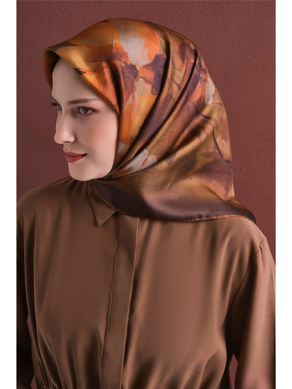 Kahverengi Saf İpek Twill Eşarp 9611d 56-3