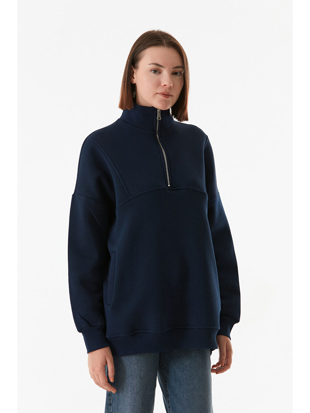 Fullamoda Lacivert Basic Yarım Fermuarlı Cepli Sweatshirt - 3