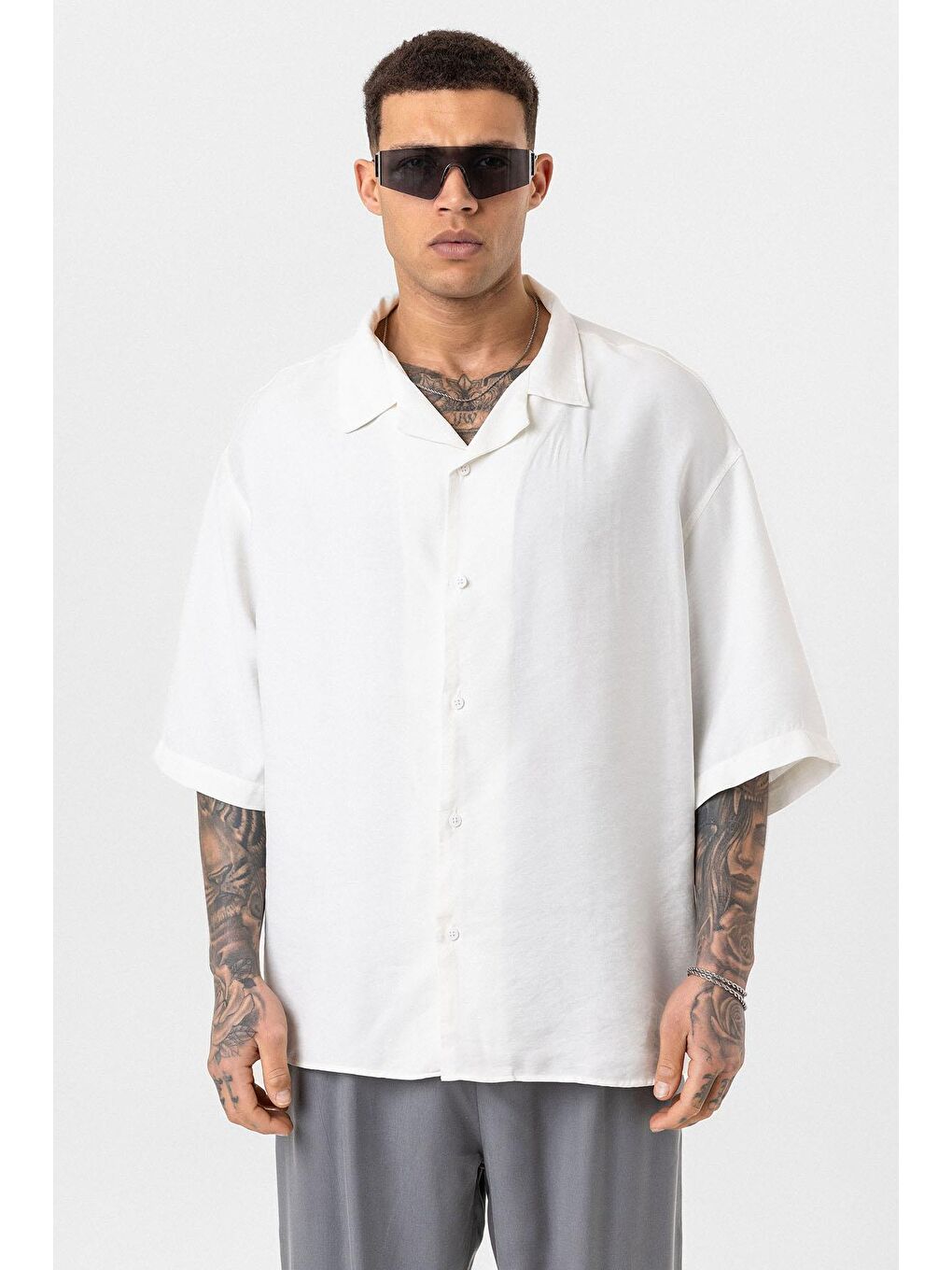 Yıkamalı Oversize Kısa Kol Gömlek Ekru-2