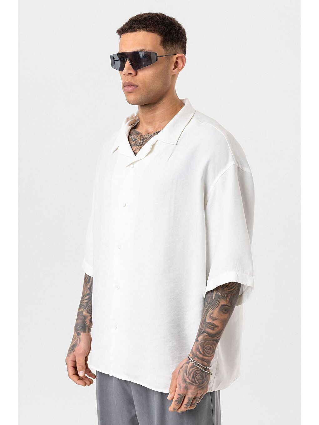 Yıkamalı Oversize Kısa Kol Gömlek Ekru-3