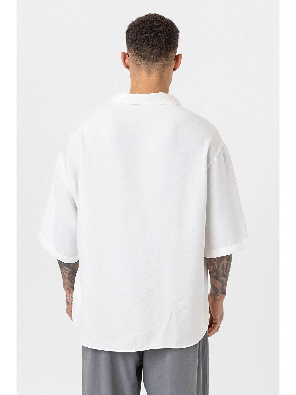 Yıkamalı Oversize Kısa Kol Gömlek Ekru-4