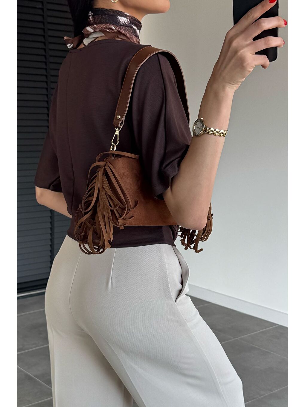 Kahverengi Kadın Kayık Yaka Bluz-3