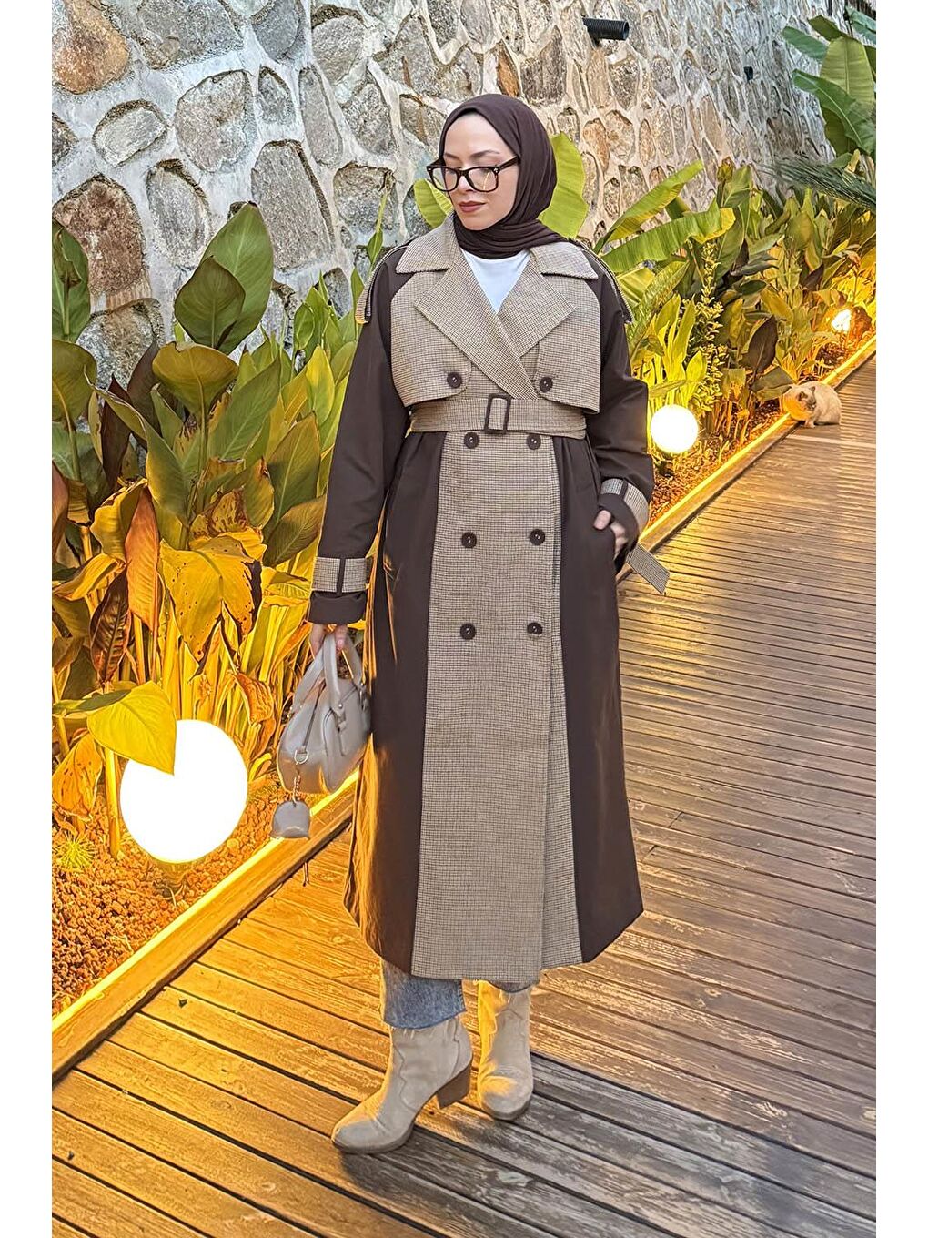 Ekoseli Reglan Trençkot Acı Kahverengi