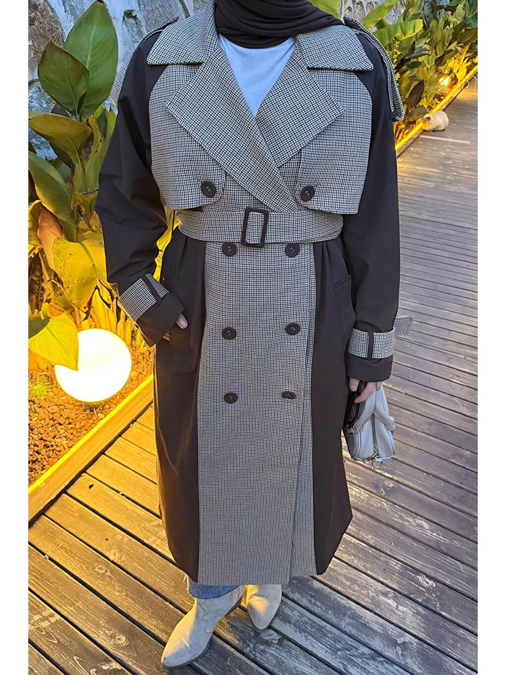 Ekoseli Reglan Trençkot Acı Kahverengi-2