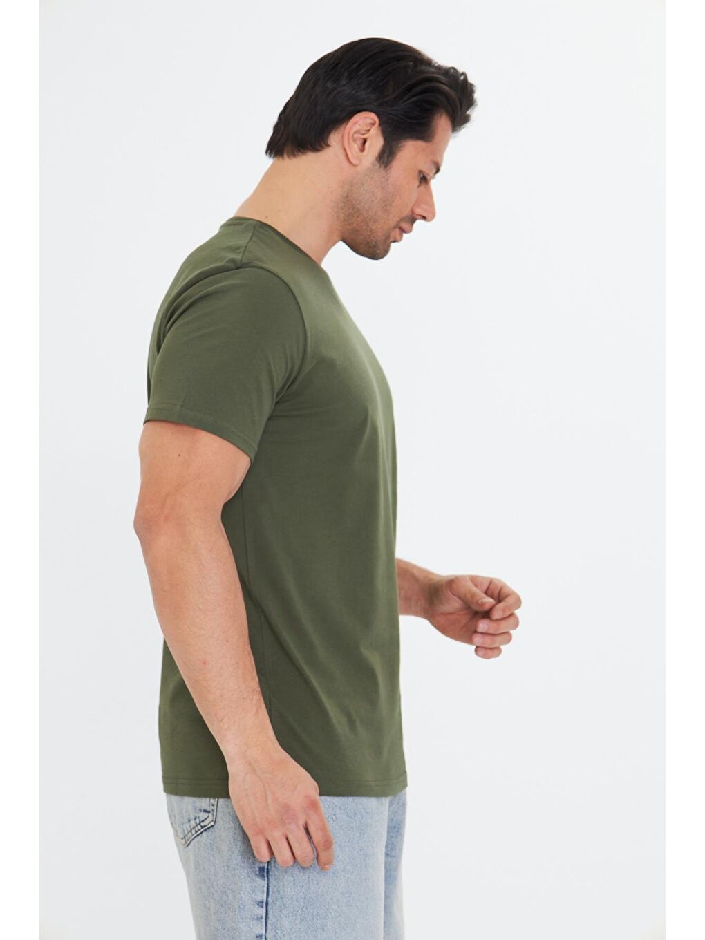 Erkek Pamuklu Bisiklet Yaka Tişört Haki 5014-H-2