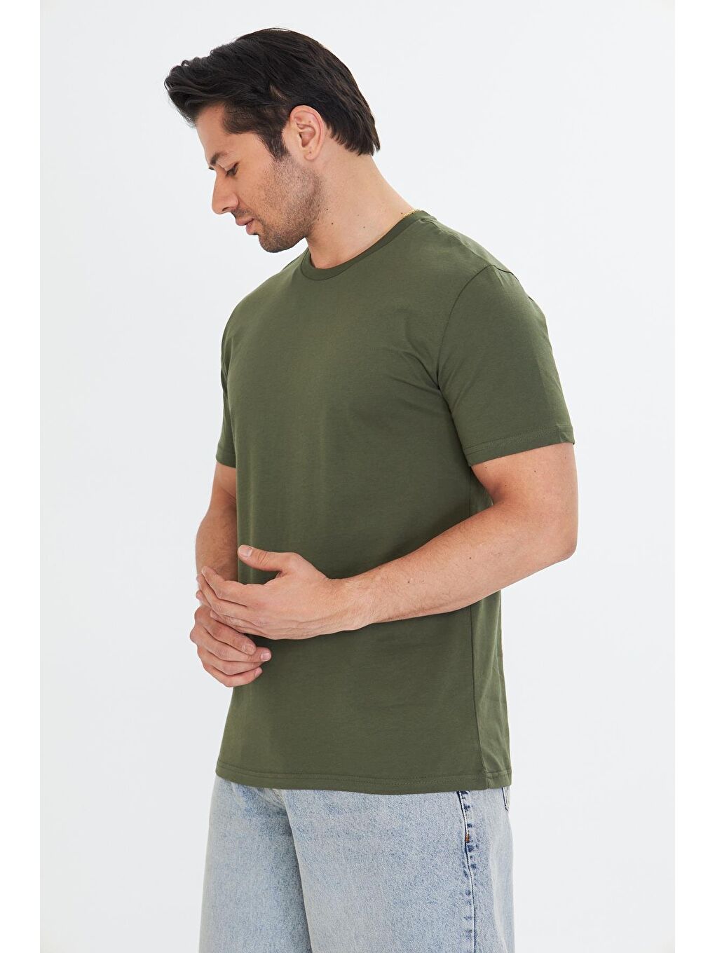 Erkek Pamuklu Bisiklet Yaka Tişört Haki 5014-H-3