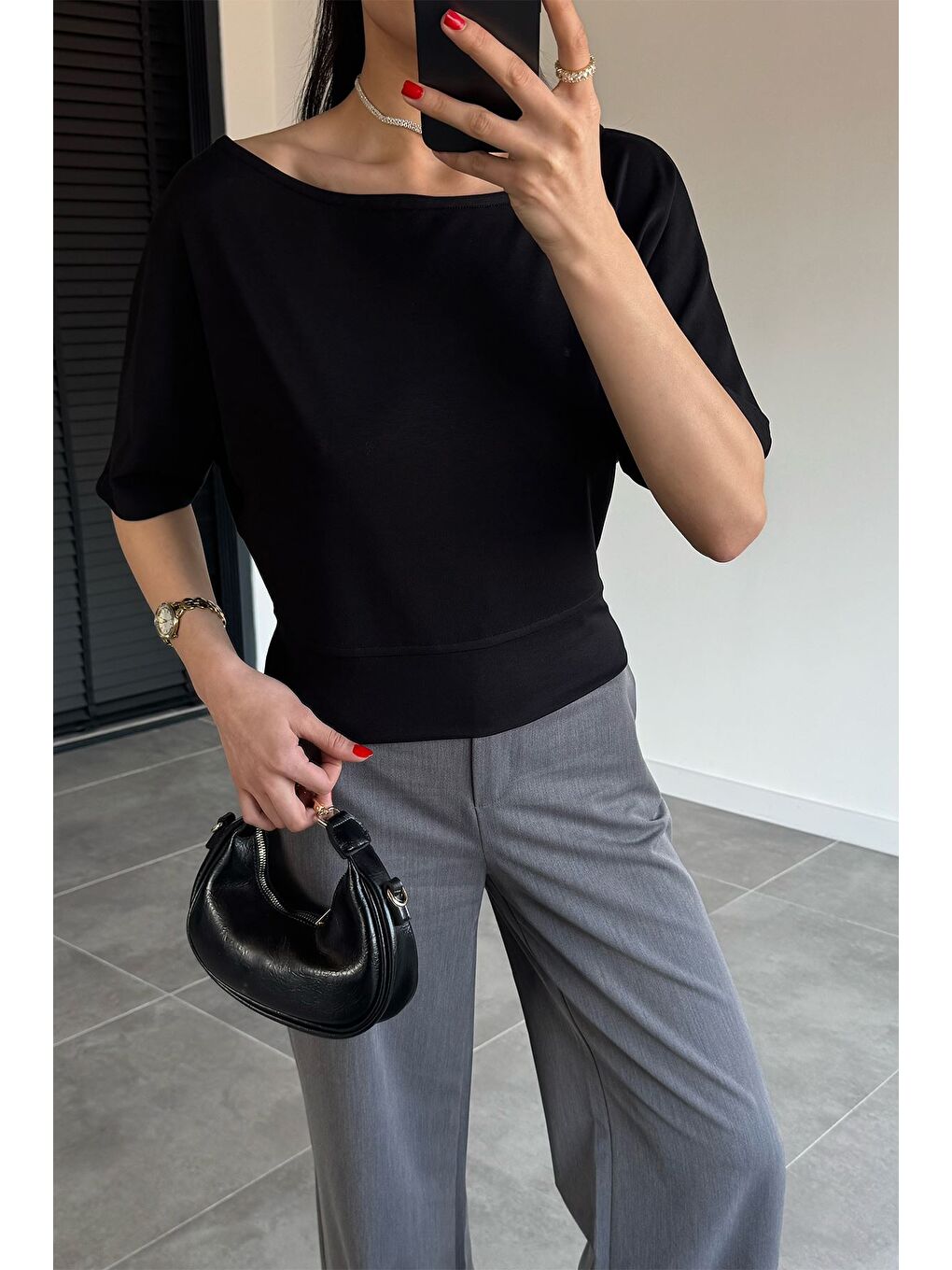 Siyah Kadın Kayık Yaka Bluz-2