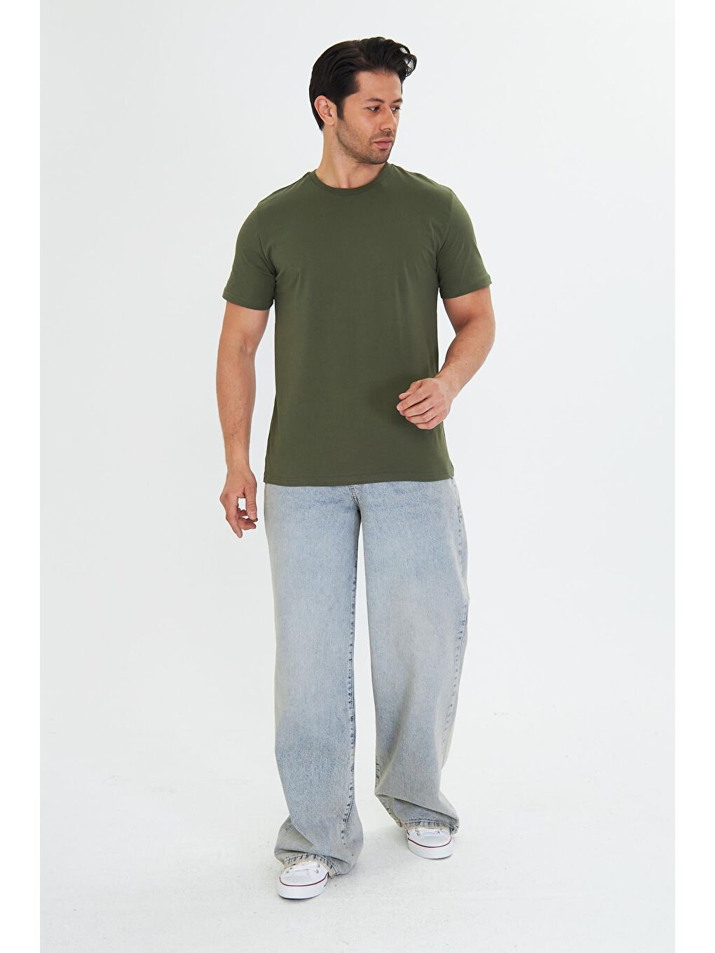 Erkek Pamuklu Bisiklet Yaka Tişört Haki 5014-H-4