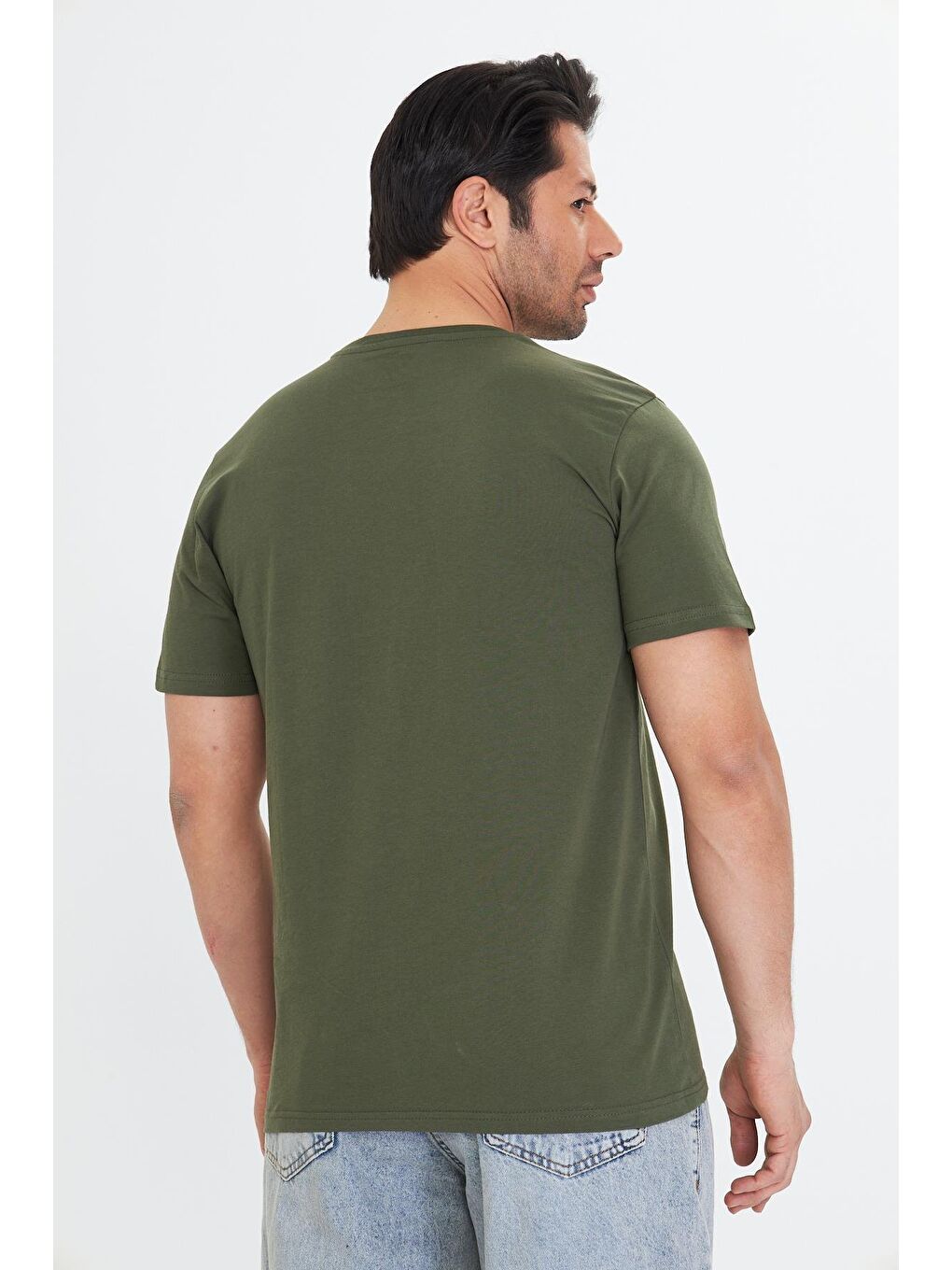 Erkek Pamuklu Bisiklet Yaka Tişört Haki 5014-H-5