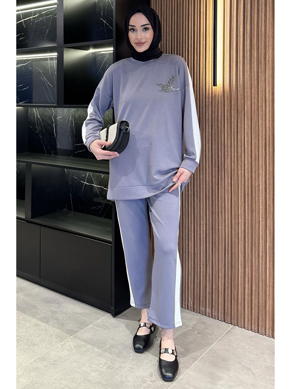 Gri Büyük Beden Renk Garnili Taş İşlemeli Tunik Pantolon Tesettür İkili Takım-2