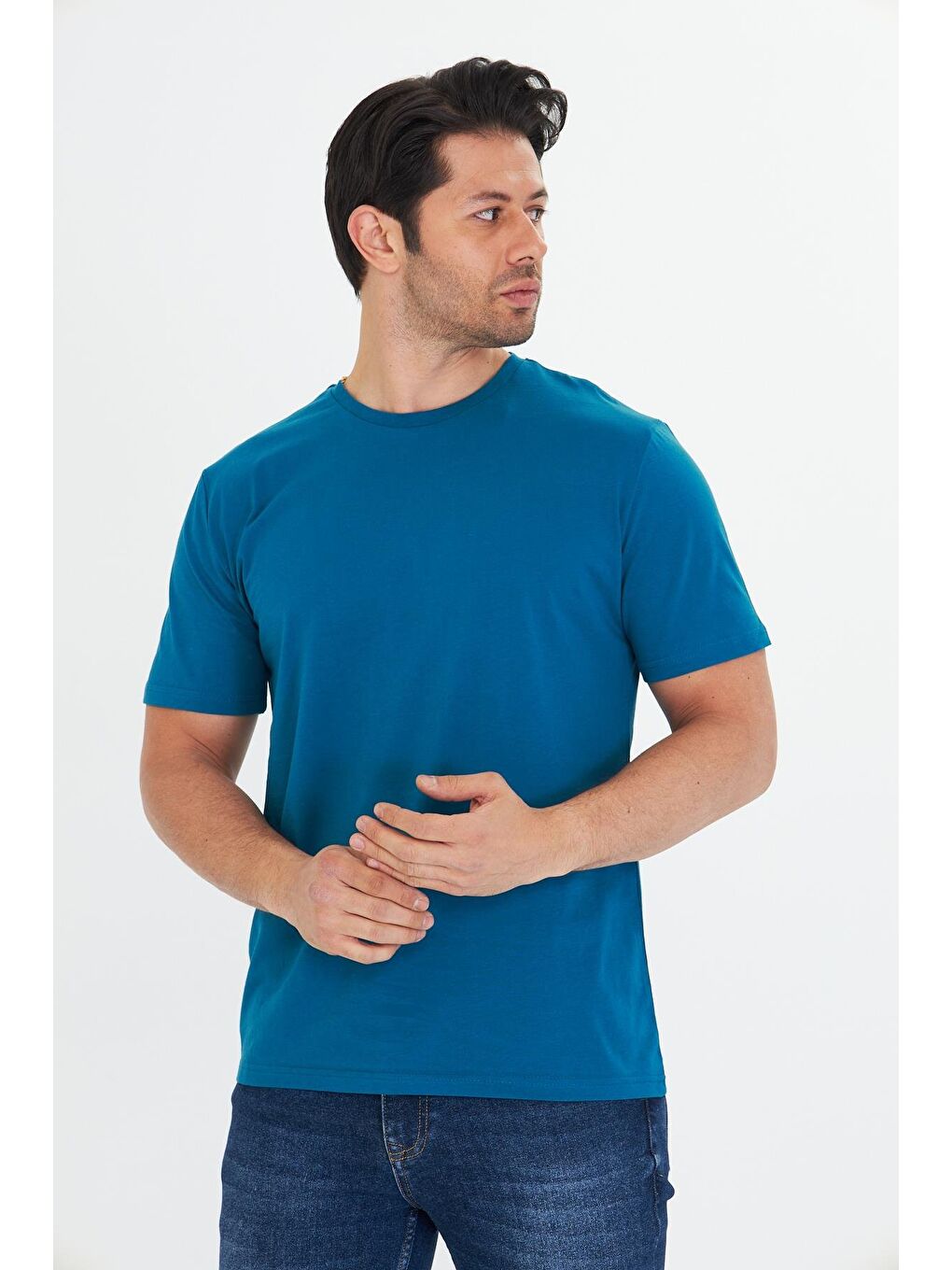 Erkek Pamuklu Bisiklet Yaka Tişört Mavi 5014-M-1